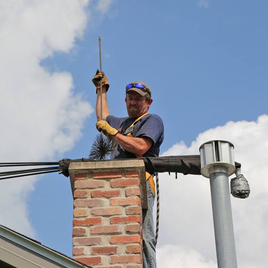 A person using a cleaning brush at the crown of a brick chimney